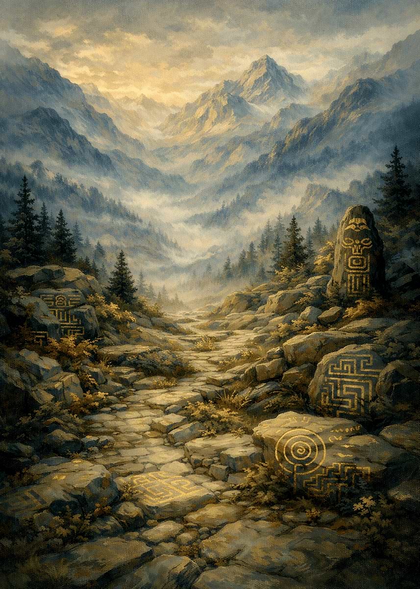 'Mystical Mountain Path with Ancient Runes' Poster, picture, metal ...