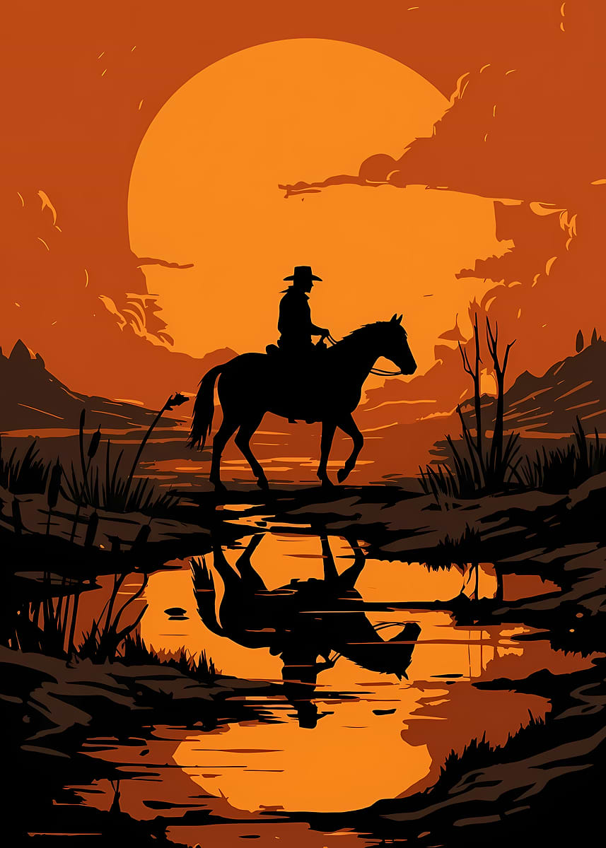 'Cowboy Silhouette at Sunset Reflection' Poster, picture, metal print ...