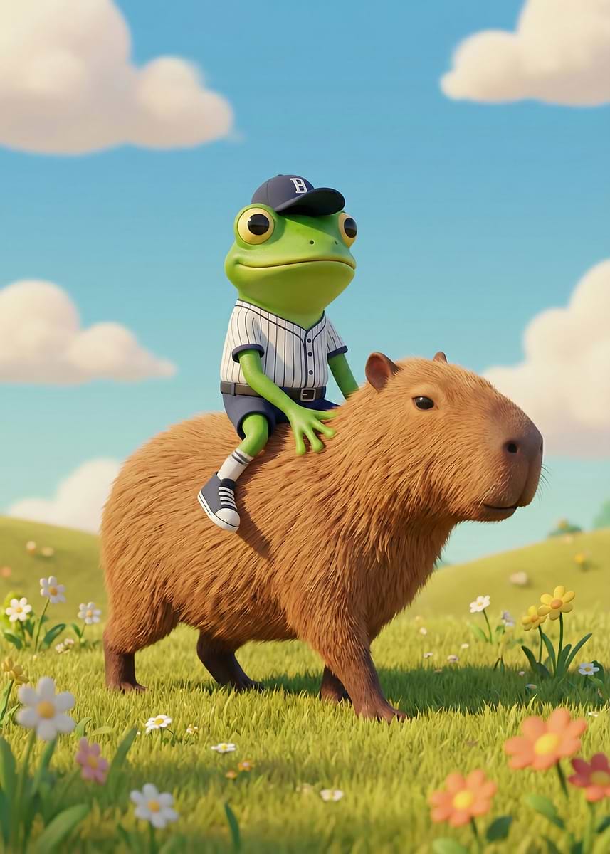 'Frog Riding Capybara in a Meadow' Poster, picture, metal print, paint ...