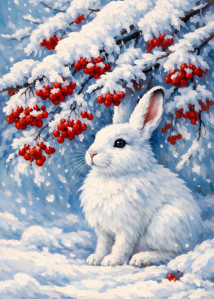 'Winter Rabbit with Berries Painting' Poster, picture, metal print ...