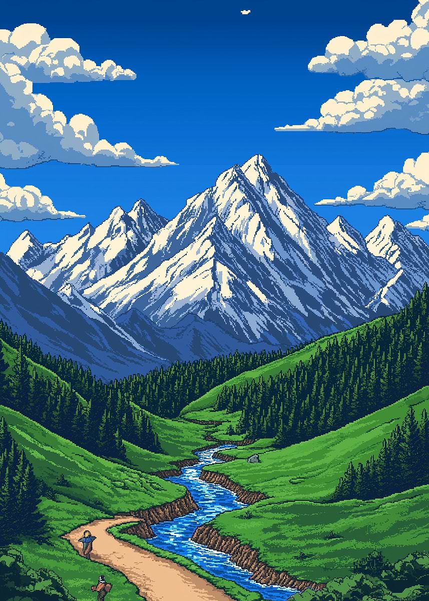 Pixel Art Mountain Landscape with River' Poster, picture, metal