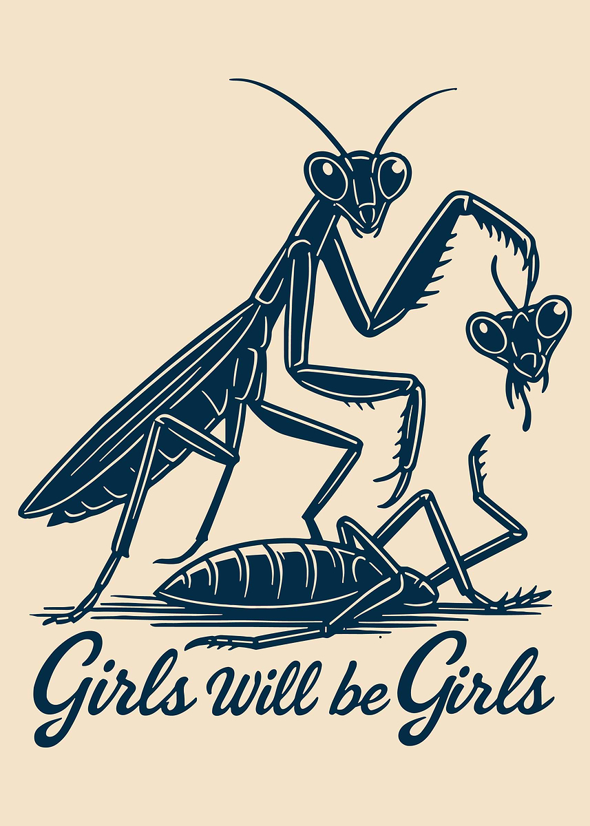 Girls Will Be Girls Poster, Vintage Praying Mantis Art Print, Dark