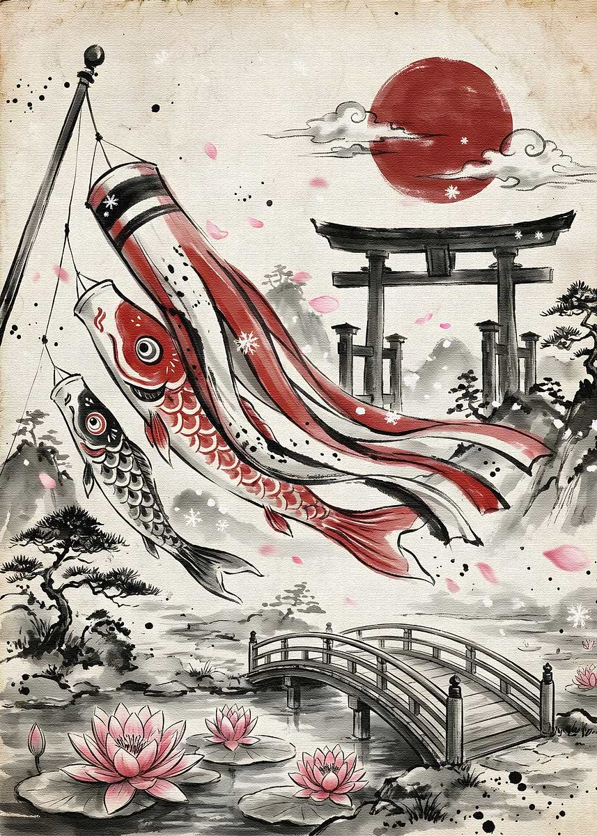 Japanese Koinobori Carp Streamers Ink Painting' Poster, picture