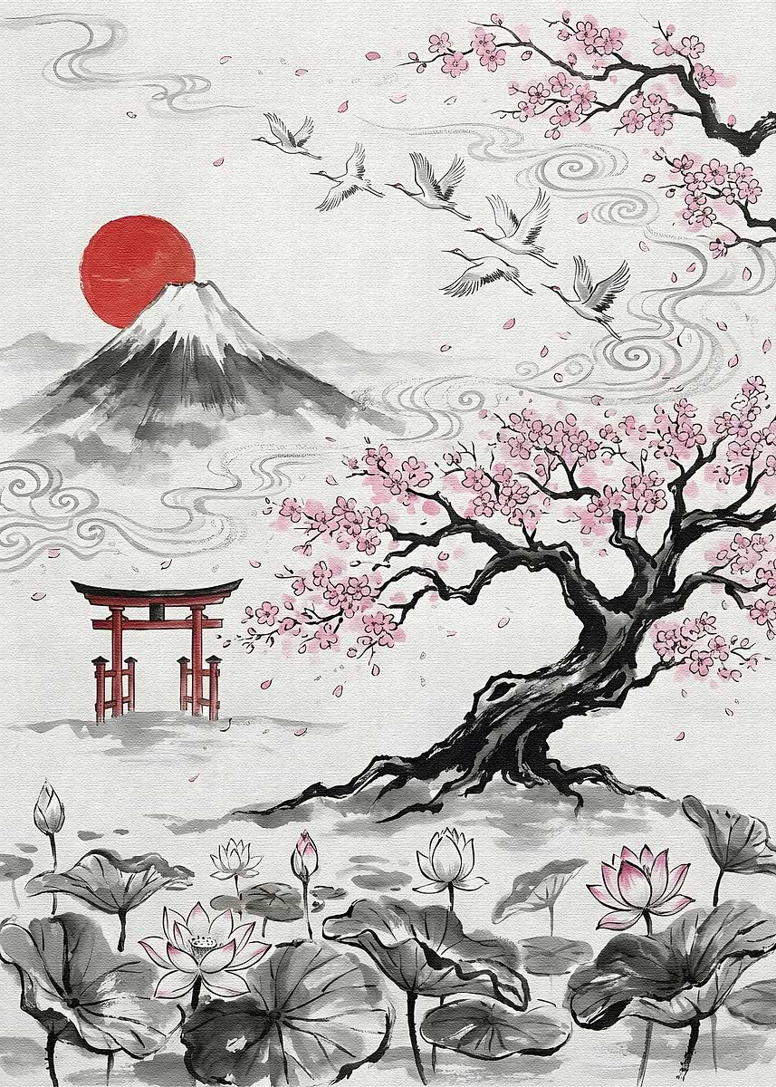 Japanese Landscape with Cherry Blossoms' Poster, picture, metal