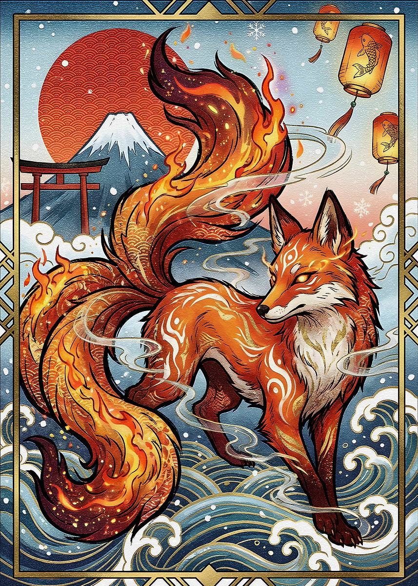 Nine-tailed Fox Japanese Art' Poster, picture, metal print, paint