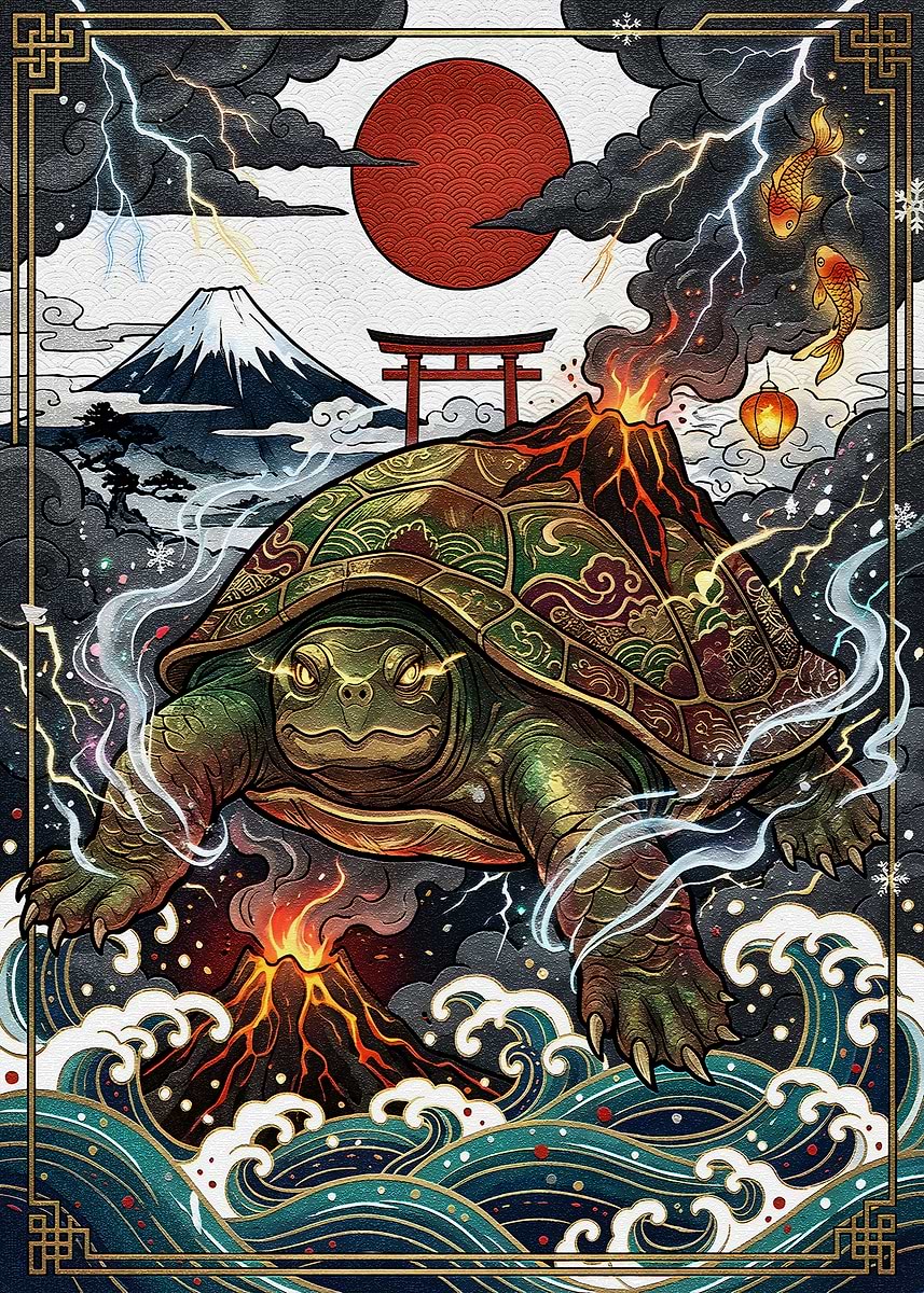 アートパネル　タートル　亀　マナティ　ジュゴン　アザラシ　滝　海　魚　熱帯雨林 Giant Turtle with Volcanoes and Lightning' Poster, picture, metal