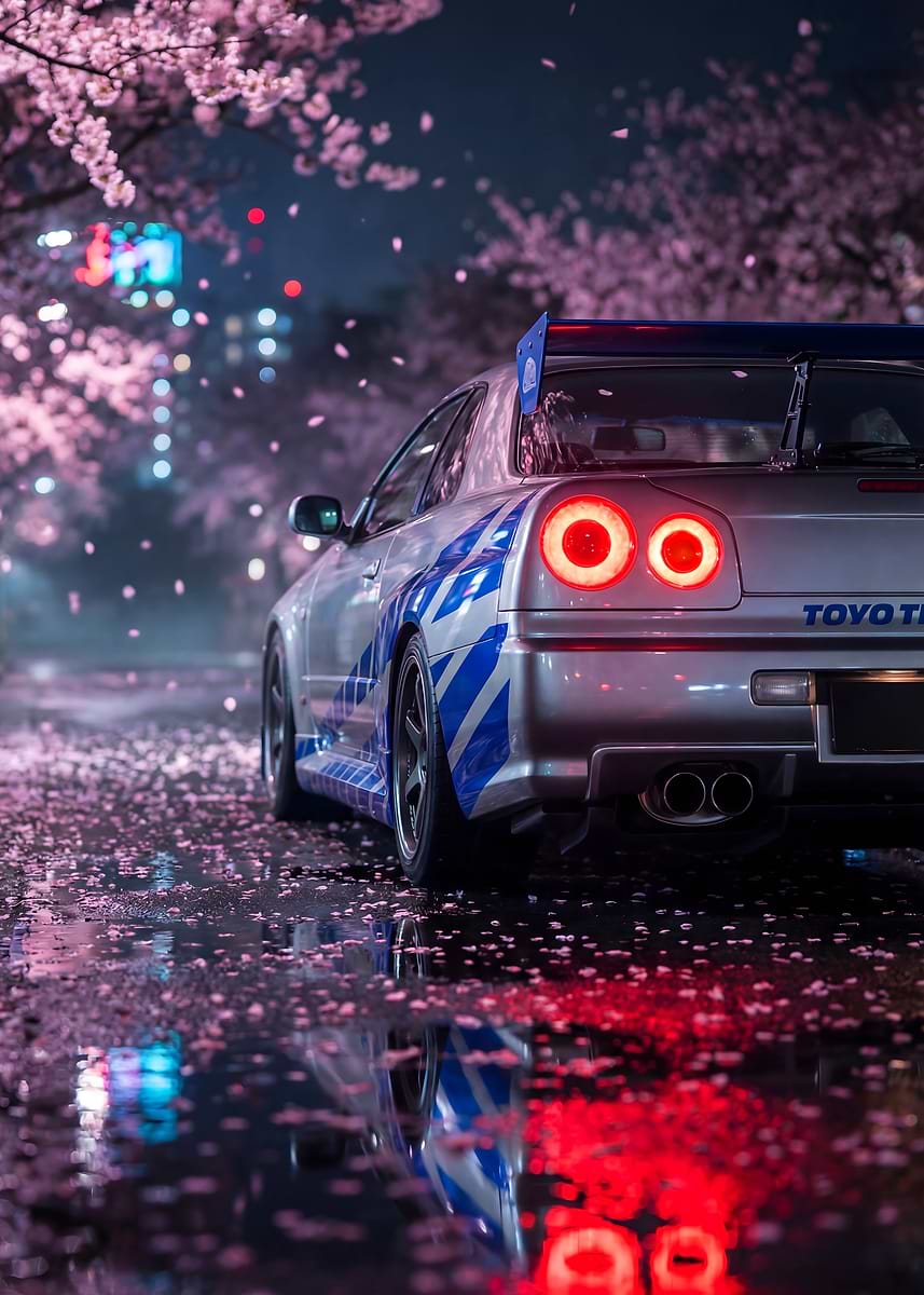 'Car Nissan GTR R34 Night Cherry Blossoms' Poster, picture, metal print ...