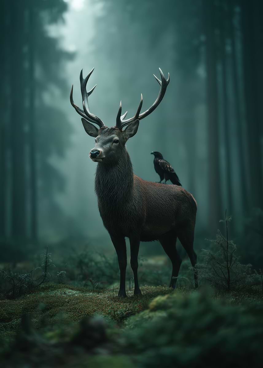 'Deer and Raven in Misty Forest' Poster, picture, metal print, paint by ...