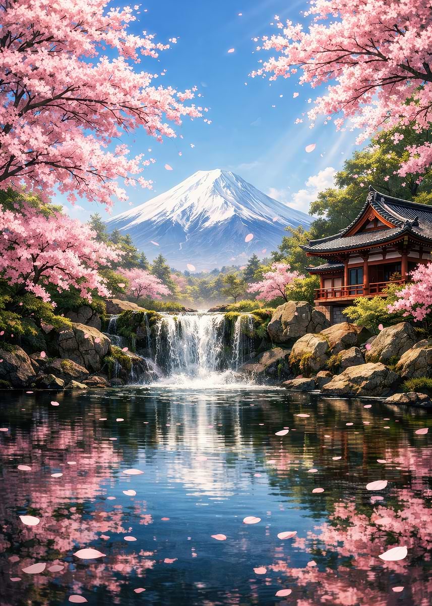 Japanese Landscape with Cherry Blossoms' Poster, picture, metal