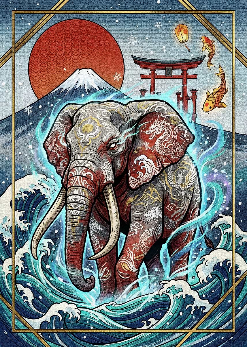 Tattooed Elephant in Japanese Landscape' Poster, picture, metal