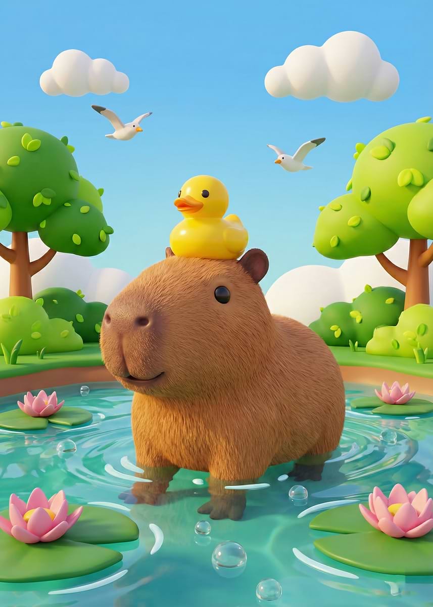 'Capybara with Duck on Head' Poster, picture, metal print, paint by Ron ...