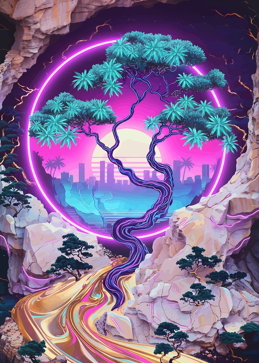 Synthwave Bonsai Tree Landscape' Poster, picture, metal print