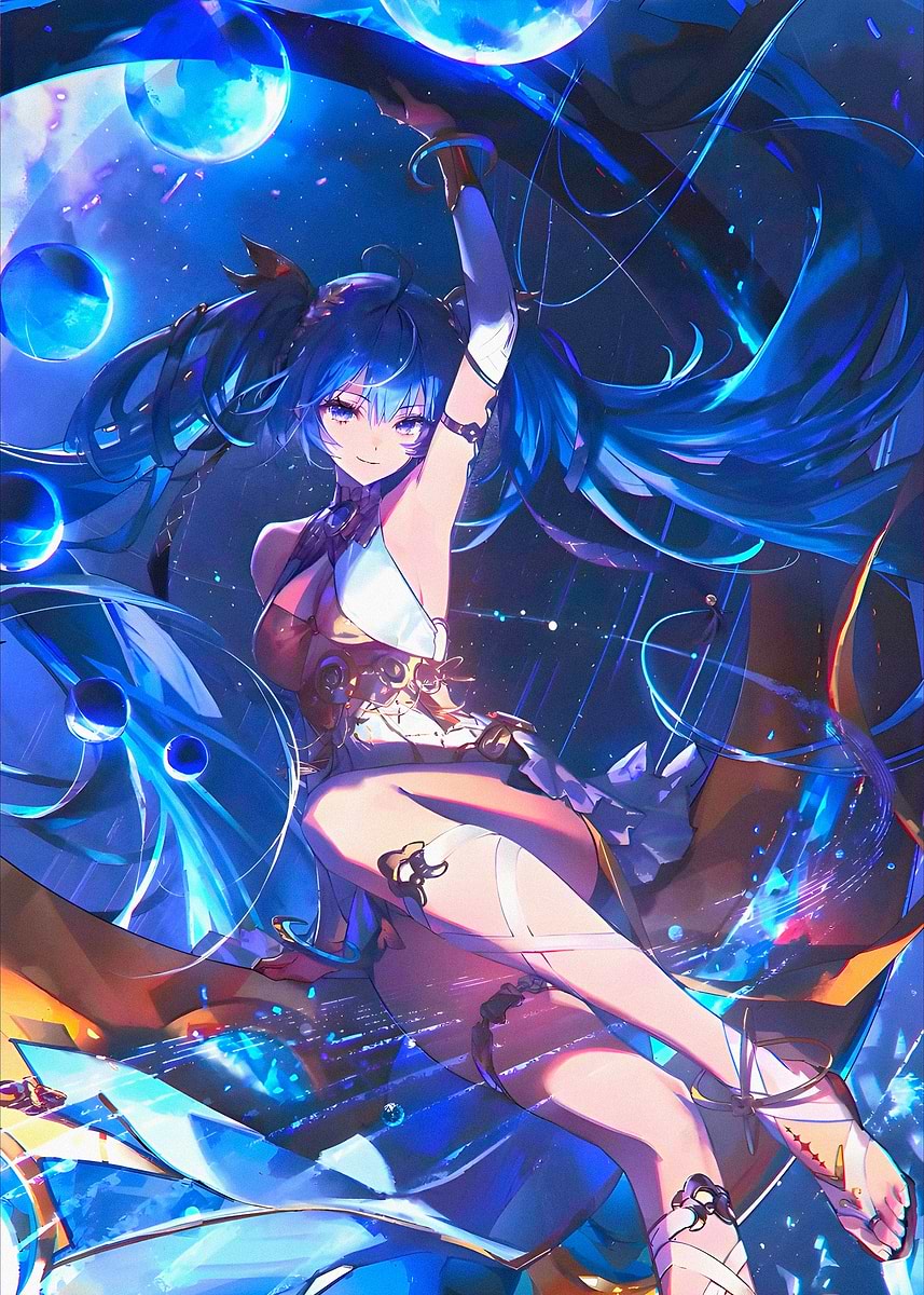 Anime Girl with Blue Hair and Orbs' Poster, picture, metal print