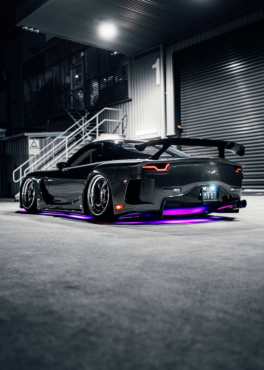 'Veilside Stanced Mazda RX-7 with Purple Underglow' Poster, picture ...