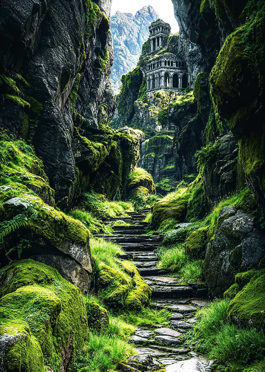Hanging Temple of Moss and Memory — from the Forgotten Fantasy Realms collection, a Pixaverse metal print