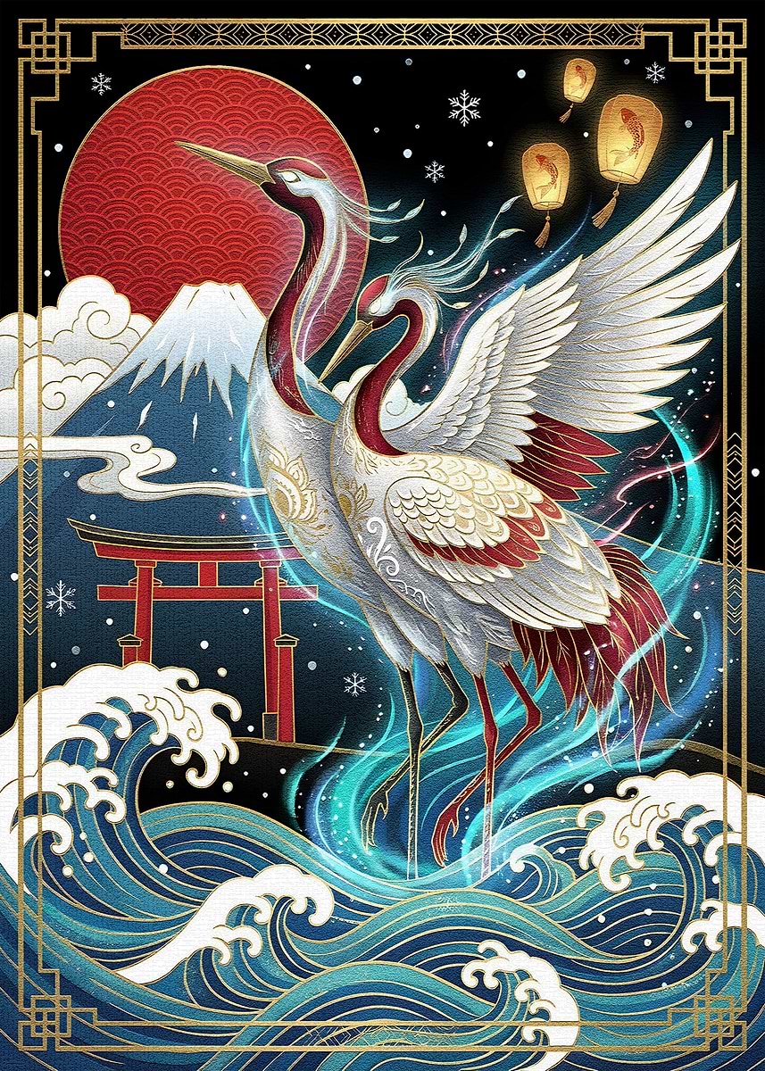 'Japanese Cranes with Mount Fuji Art' Poster, picture, metal print ...