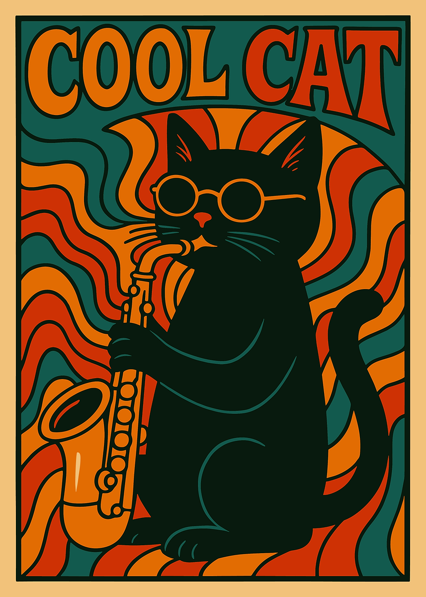 Cool Cat Jazz Poster, Retro 70s Music Wall Art, Vintage Groovy Cat