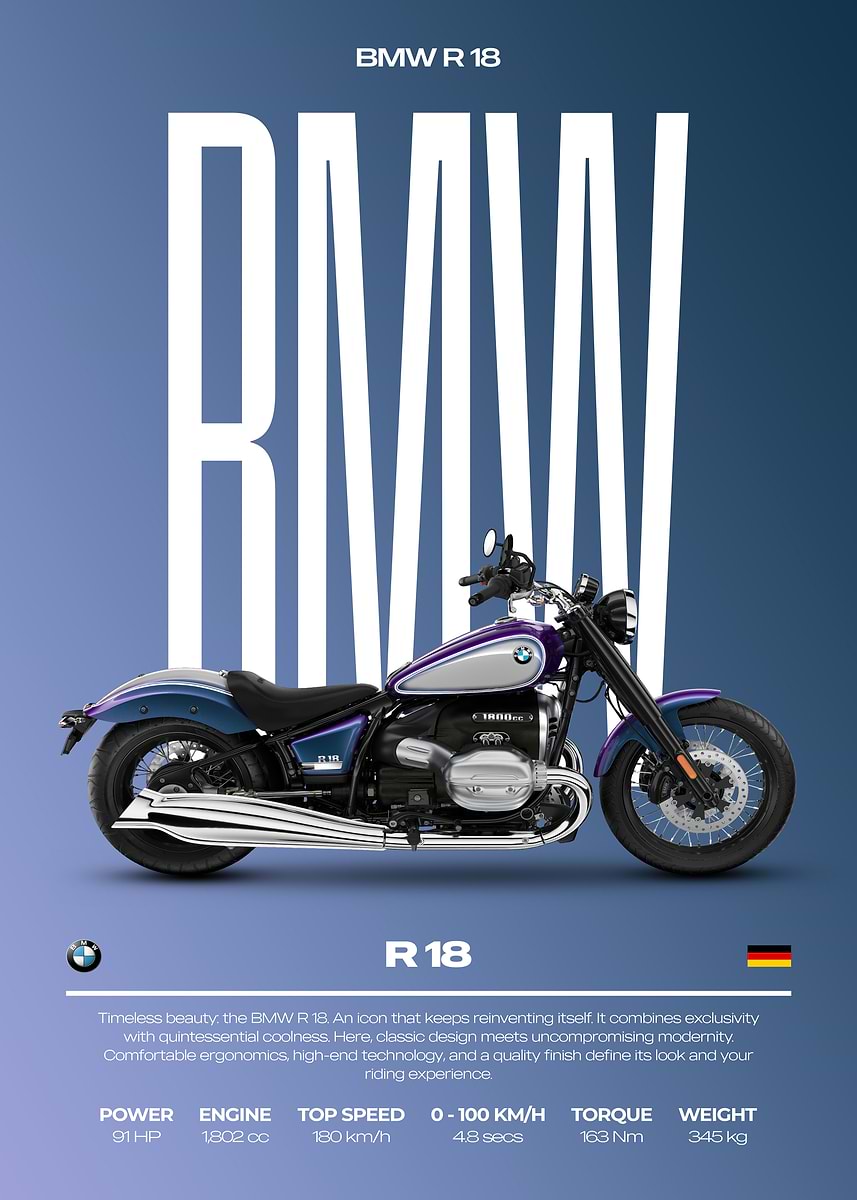 'BMW R 18 Motorcycle Poster' Poster, picture, metal print, paint by ...