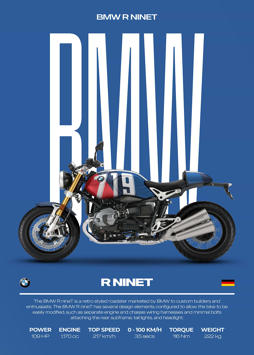 'BMW R NineT Motorcycle Poster' Poster, picture, metal print, paint by ...