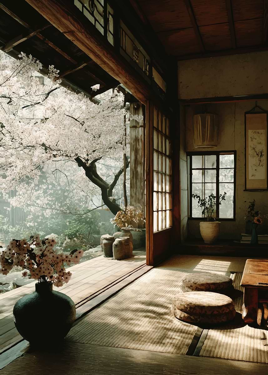 'Japanese Room with Cherry Blossom View' Poster, picture, metal print ...