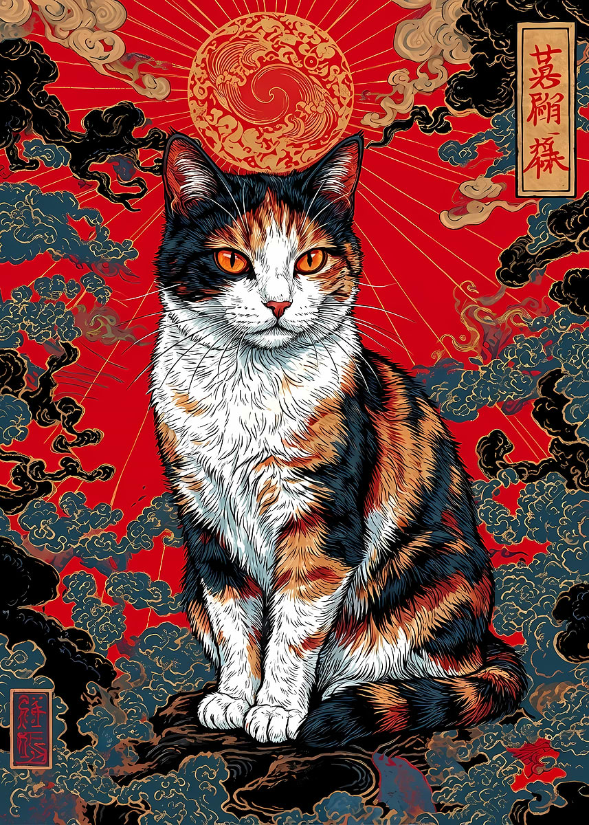 'Calico Cat in Japanese Art Style' Poster, picture, metal print, paint ...