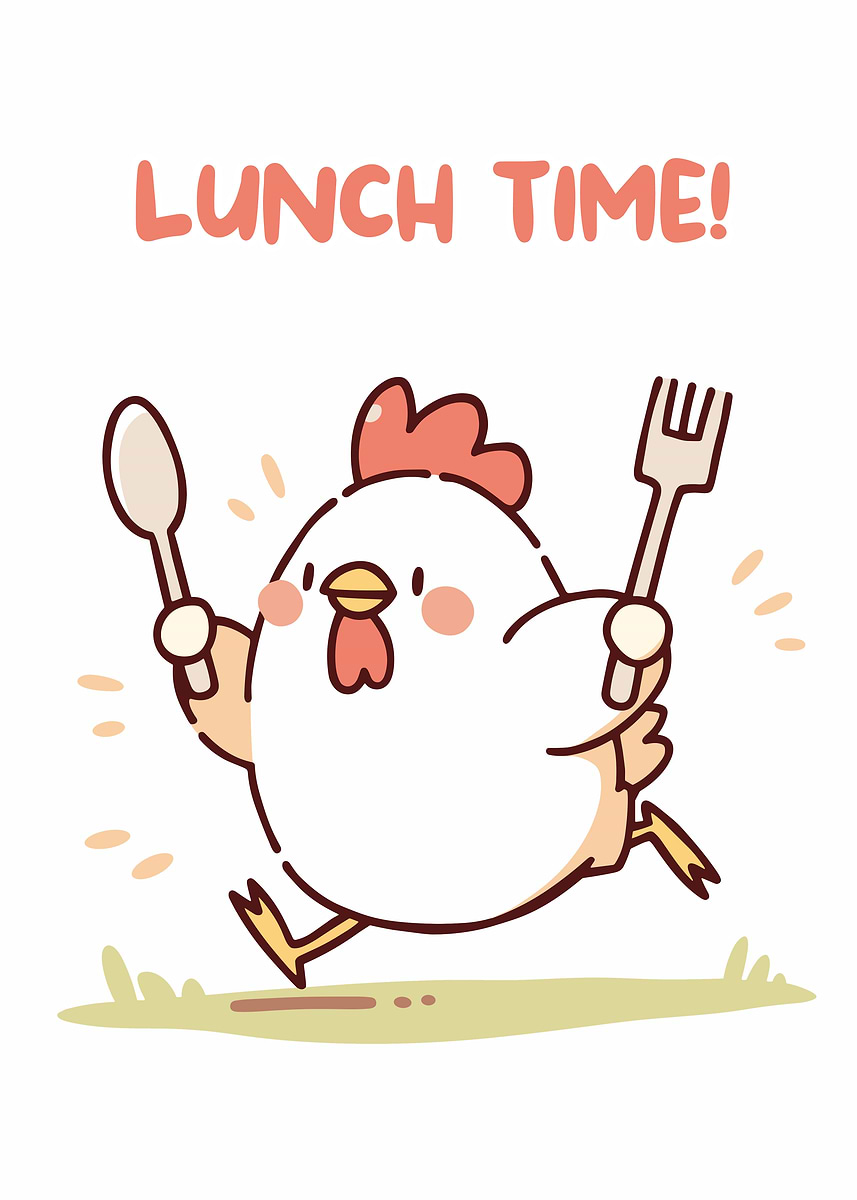 Cartoon Lunch Clock 'Lunch Time Chicken Cartoon Illustration' Poster, picture, metal print ...
