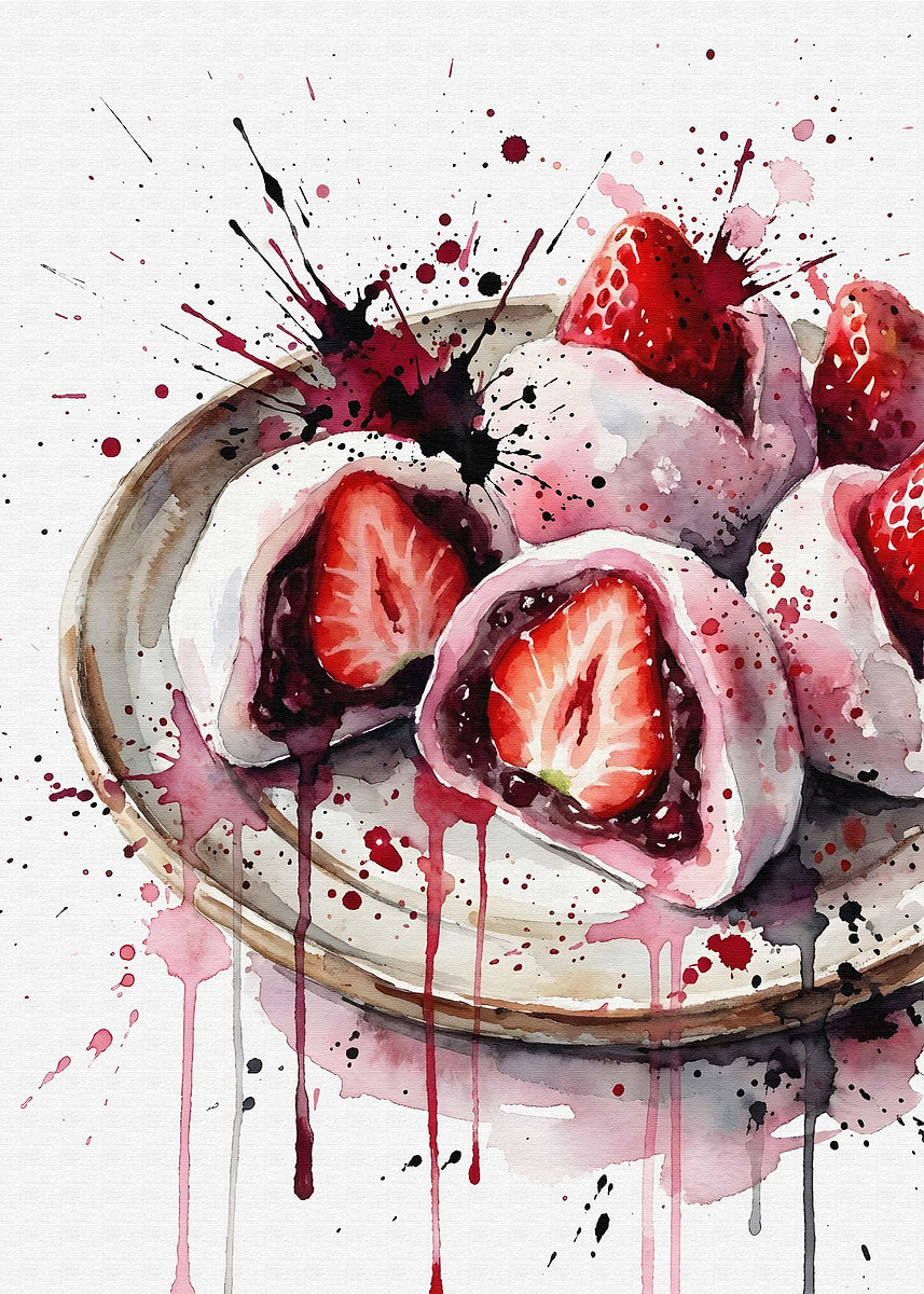 Strawberry Mochi Watercolor Painting' Poster, picture, metal print