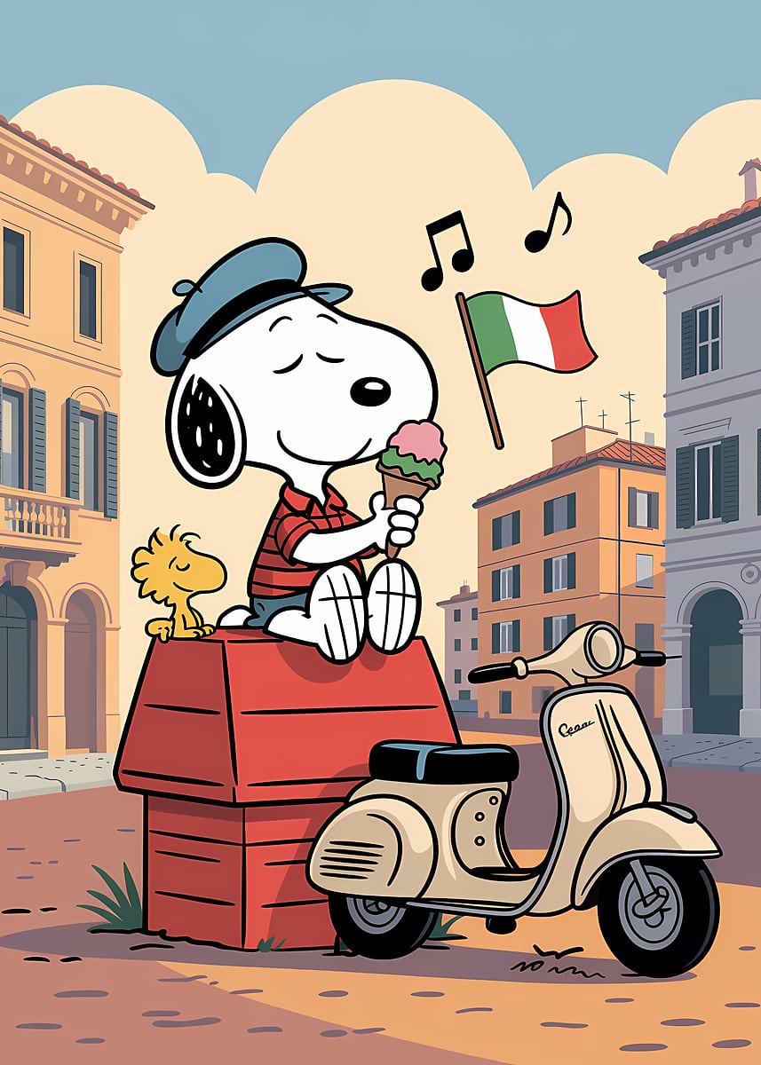 Snoopy in Italy with Ice Cream' Poster, picture, metal print