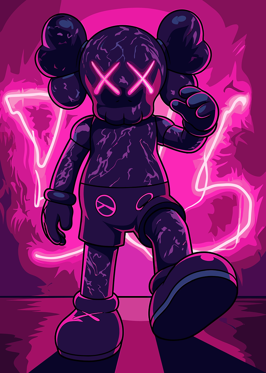 Neon KAWS-inspired Figure Poster, Picture & Metal Print – Designer