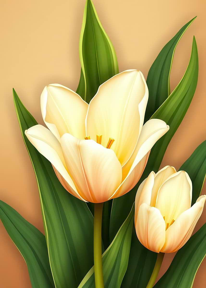 Dpicture 'Elegant Cream Tulips with Green Leaves' Poster, picture, metal print ...