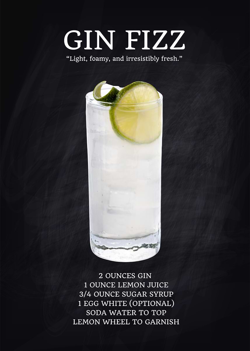 'Gin Fizz Cocktail Recipe' Poster, picture, metal print, paint by ...