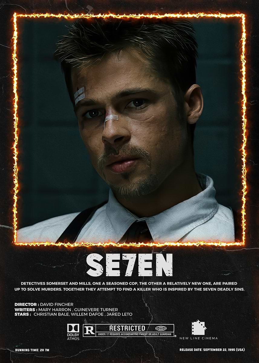 Se7en movie poster with Brad Pitt' Poster, picture, metal print