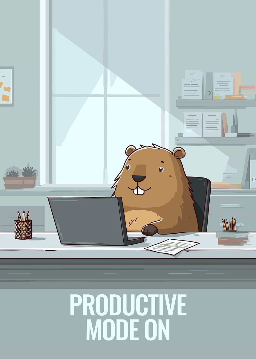'Cartoon Beaver Working on Laptop' Poster, picture, metal print, paint ...