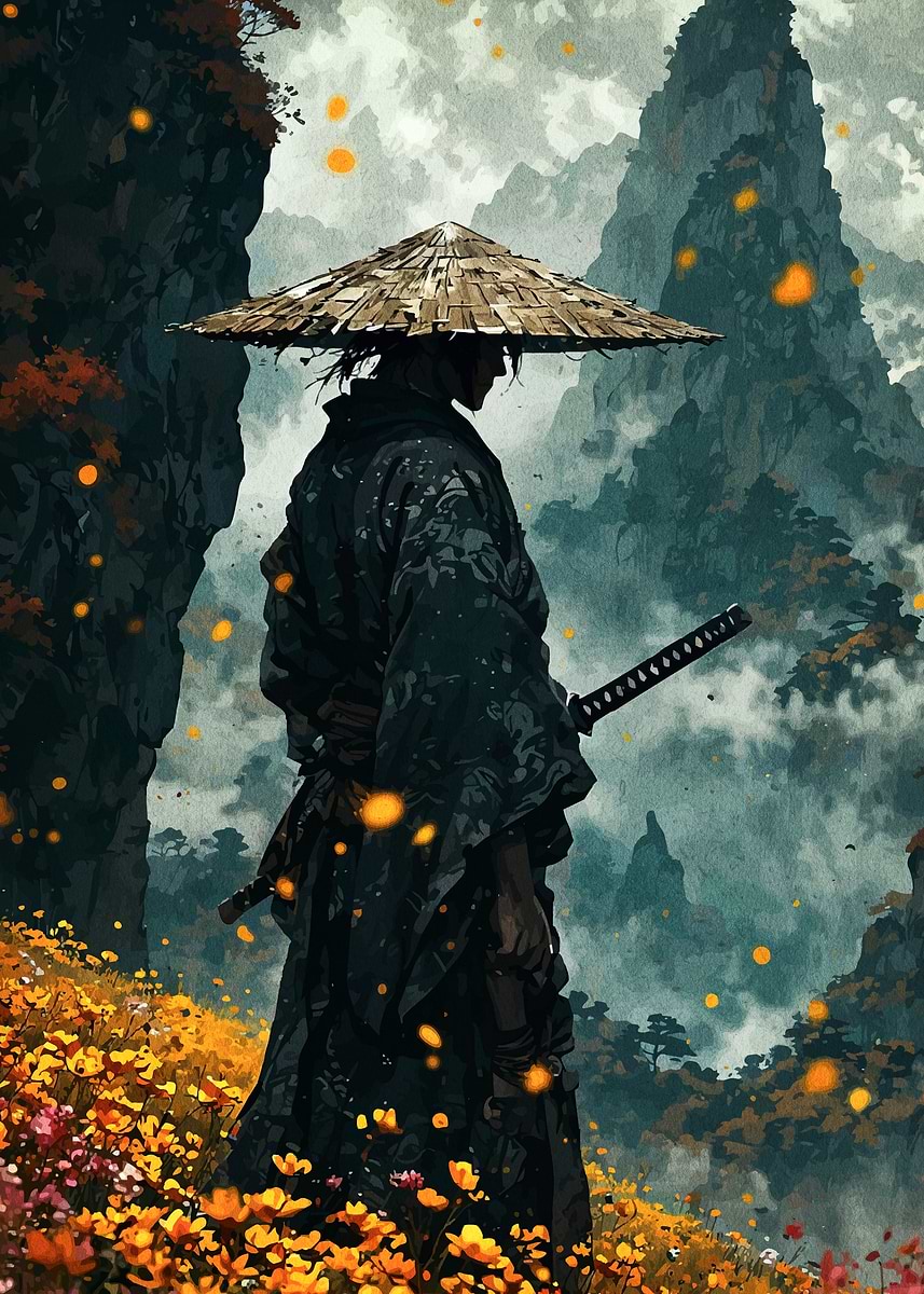 Samurai in Mountainous Landscape' Poster, picture, metal print