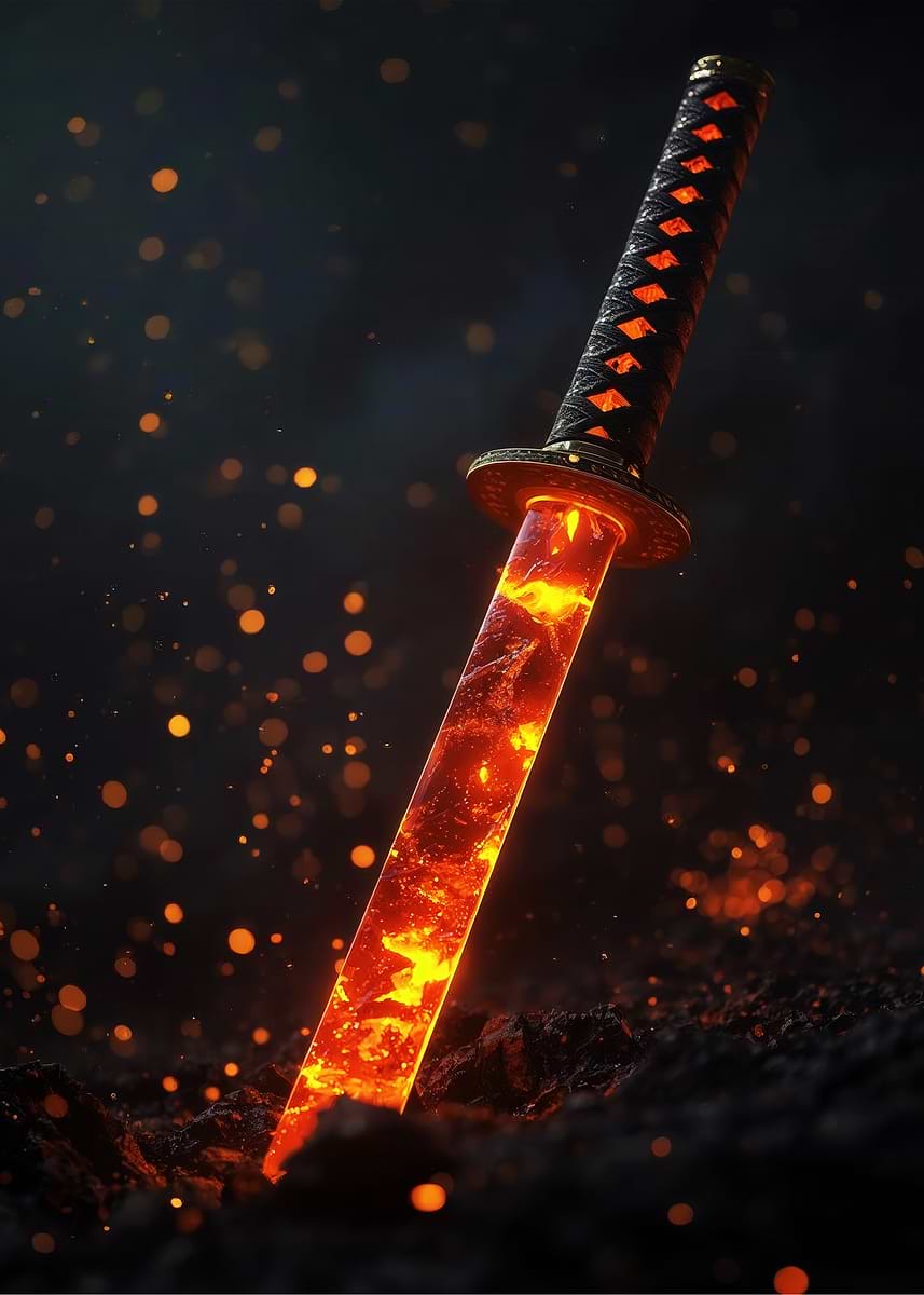 'Fiery Katana Sword in Dark Setting' Poster, picture, metal print ...