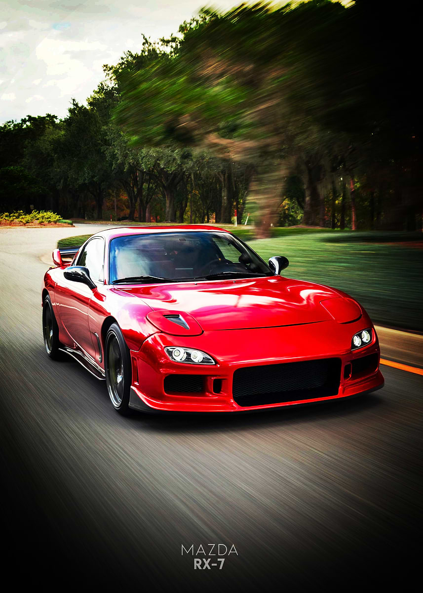 Red Rx 7 'Red Mazda RX-7 on the road Poster' Poster, picture, metal print, paint ...