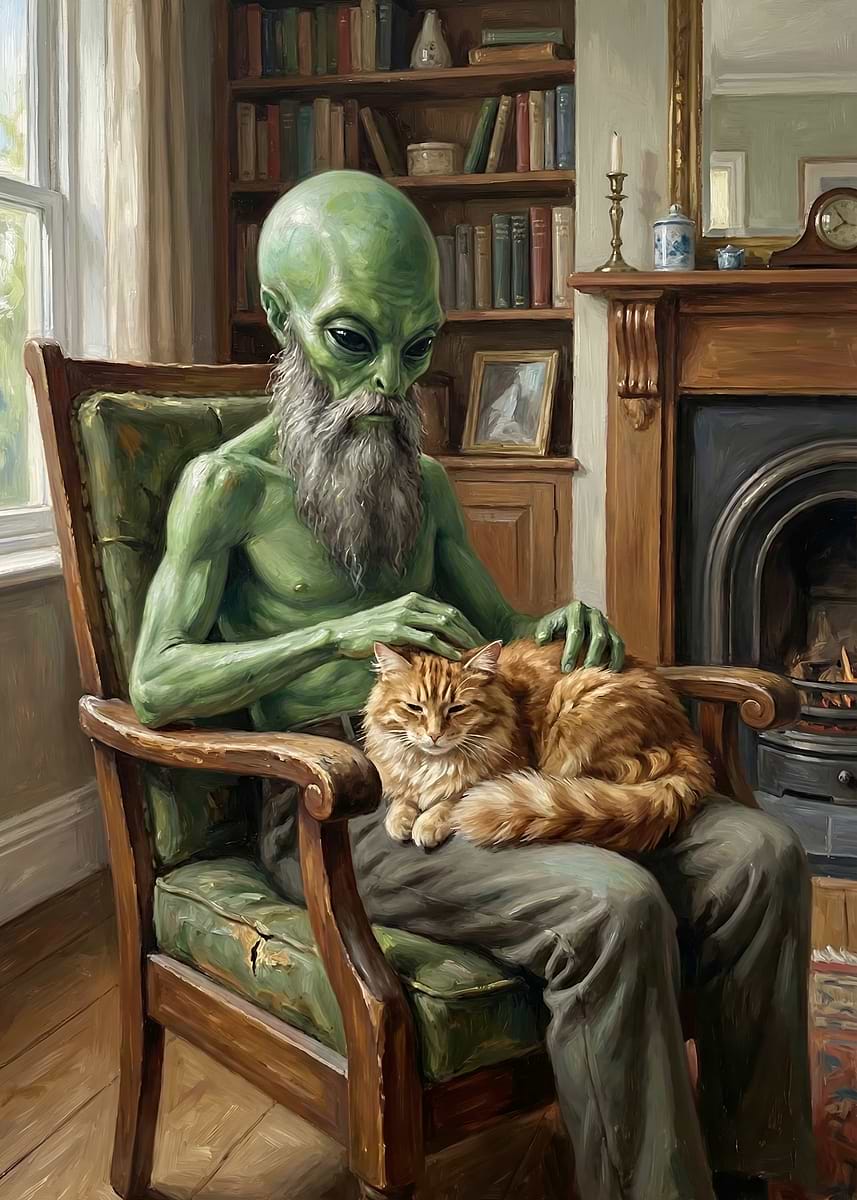 'Alien with Cat in Cozy Room' Poster, picture, metal print, paint by ...