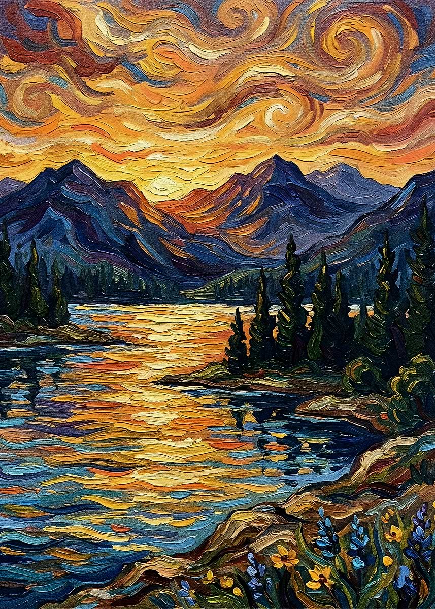 'Impressionistic Mountain Lake at Sunset Painting' Poster, picture ...