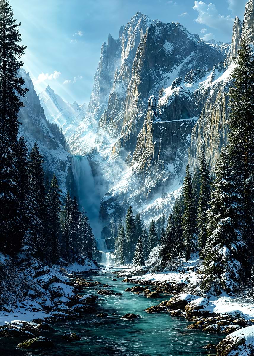 Sanctuary of the Hidden Frostvale — from the Forgotten Fantasy Realms collection, a Pixaverse metal print