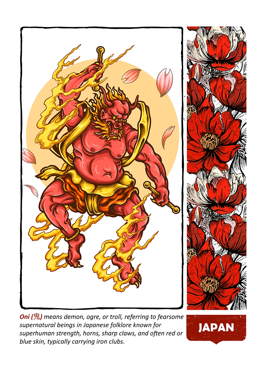 'Japanese Oni Demon Illustration with Flowers' Poster, picture, metal ...