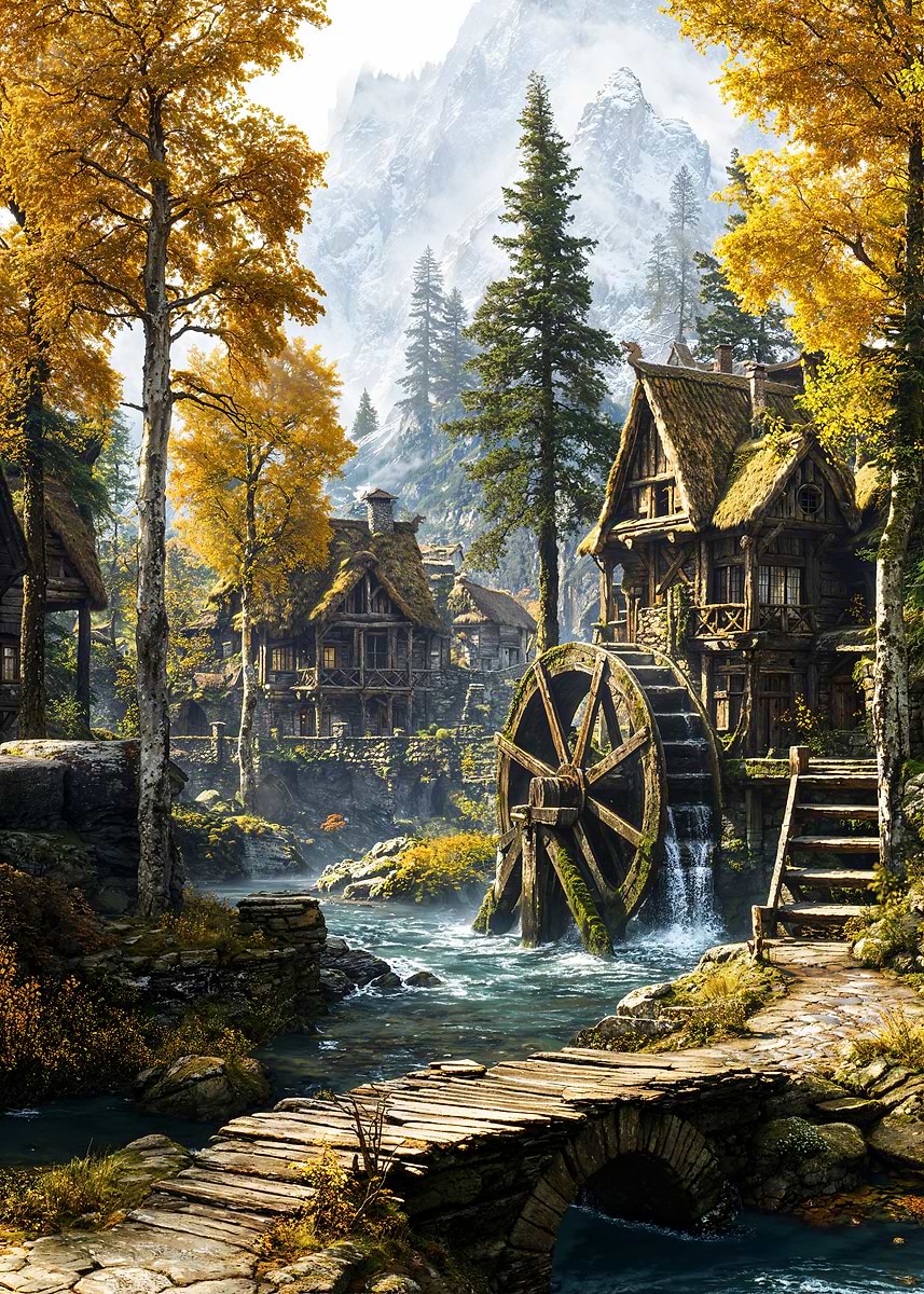 Old Watermill at Frostwater Run — from the Forgotten Fantasy Realms collection, a Pixaverse metal print