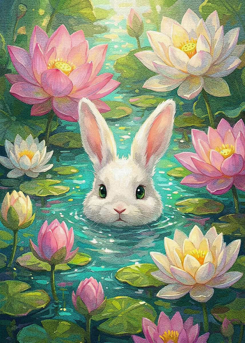 'Rabbit in Lotus Pond' Poster, picture, metal print, paint by Green ...