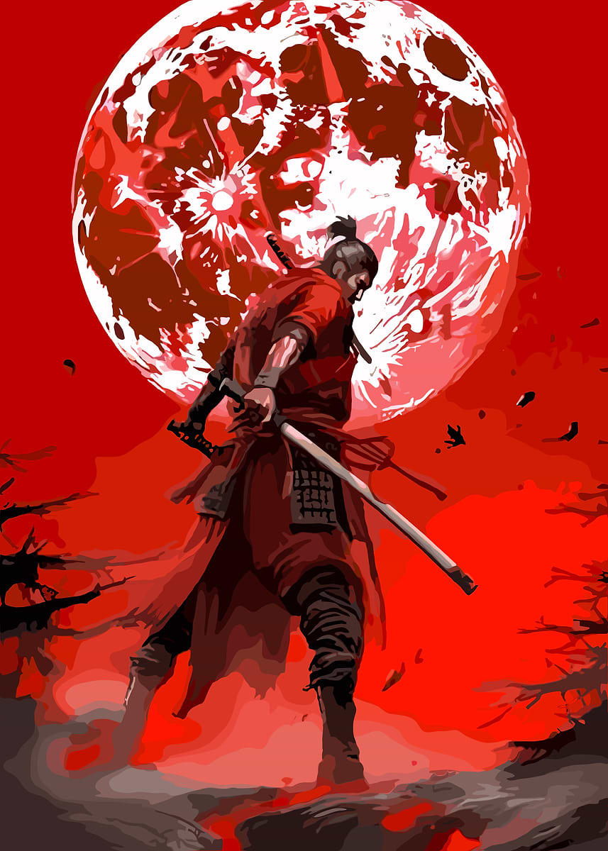 red-samurai-warrior-under-blood-moon-poster-picture-metal-print