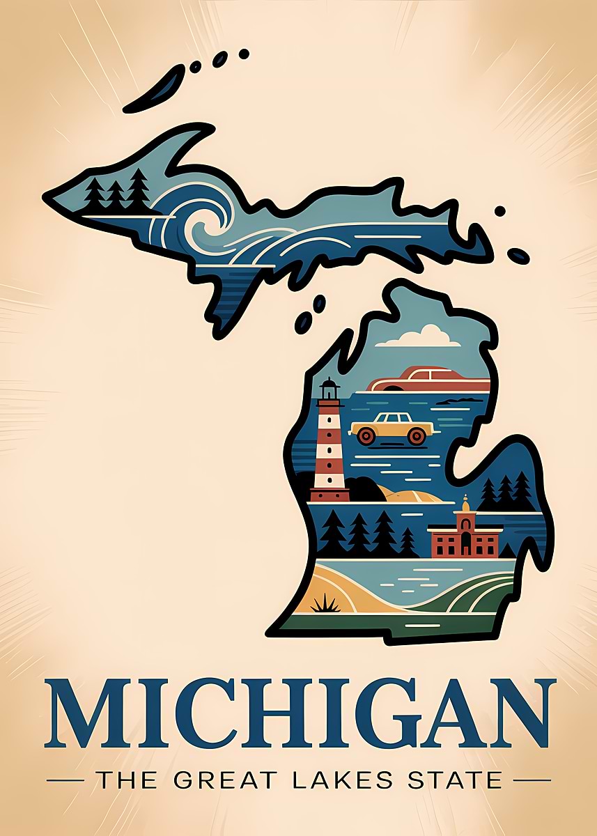 'Michigan: The Great Lakes State Illustration' Poster, picture, metal print, paint by Cyberpunk ...