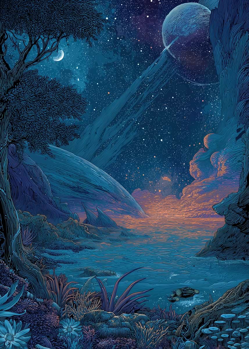 'Alien Landscape with Ringed Planet' Poster, picture, metal print ...