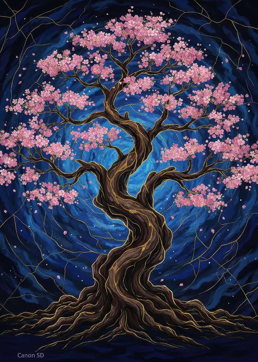 Kintsugi Tree Image 'Cherry Blossom kintsugi Tree Against Blue Background' Poster, picture ...