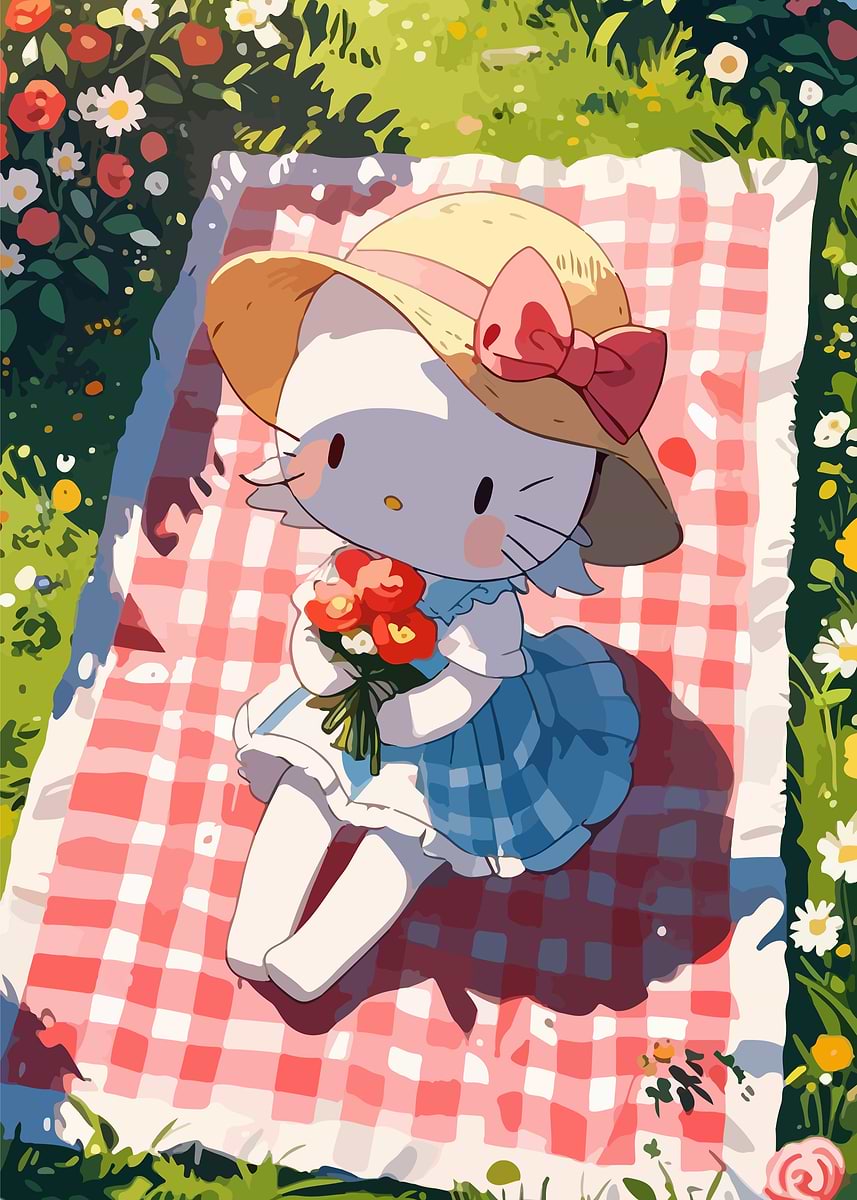 Hello Kitty Picnic in a Meadow' Poster, picture, metal print