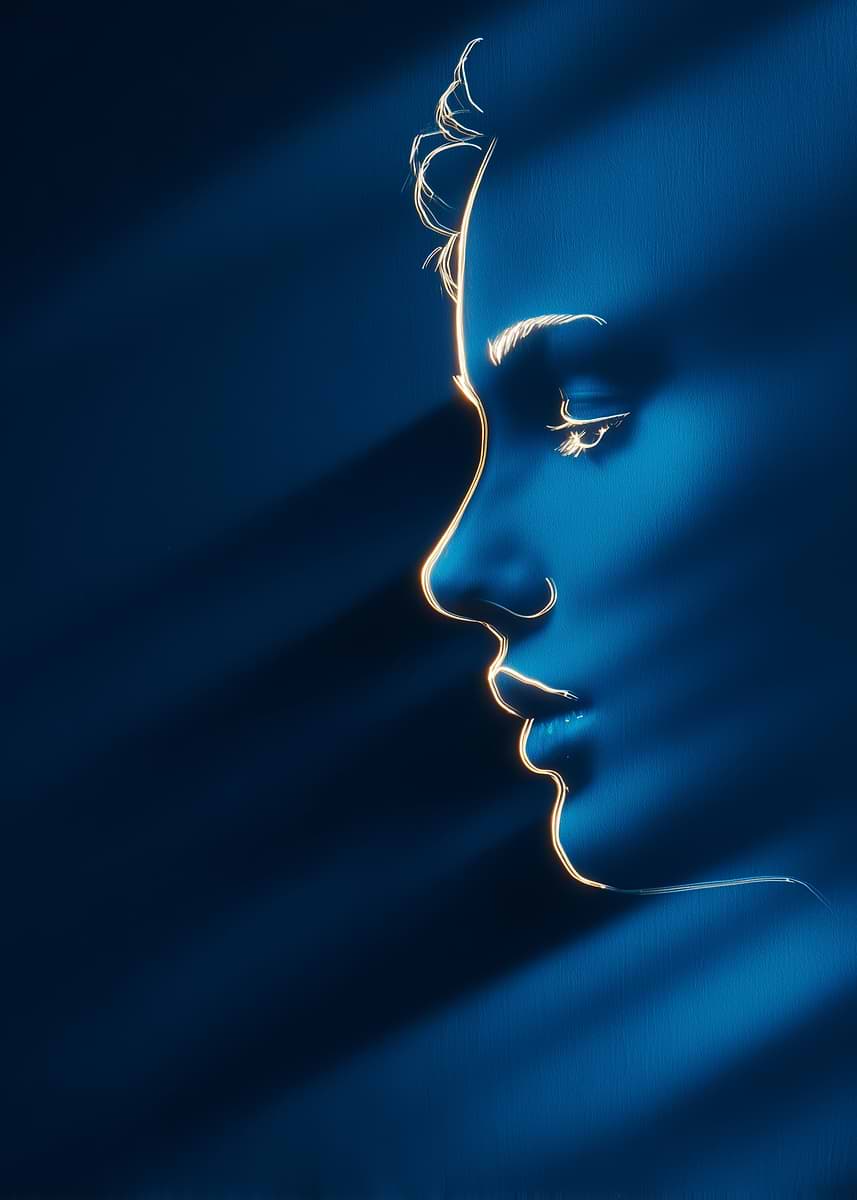 'Blue Portrait with Golden Outline' Poster, picture, metal print, paint ...