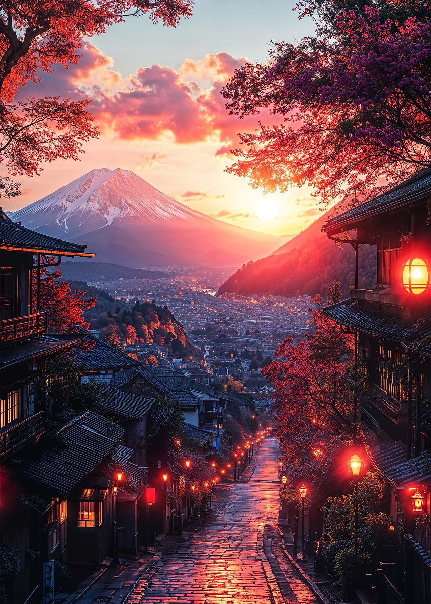 Japanese street with Mount Fuji' Poster, picture, metal print
