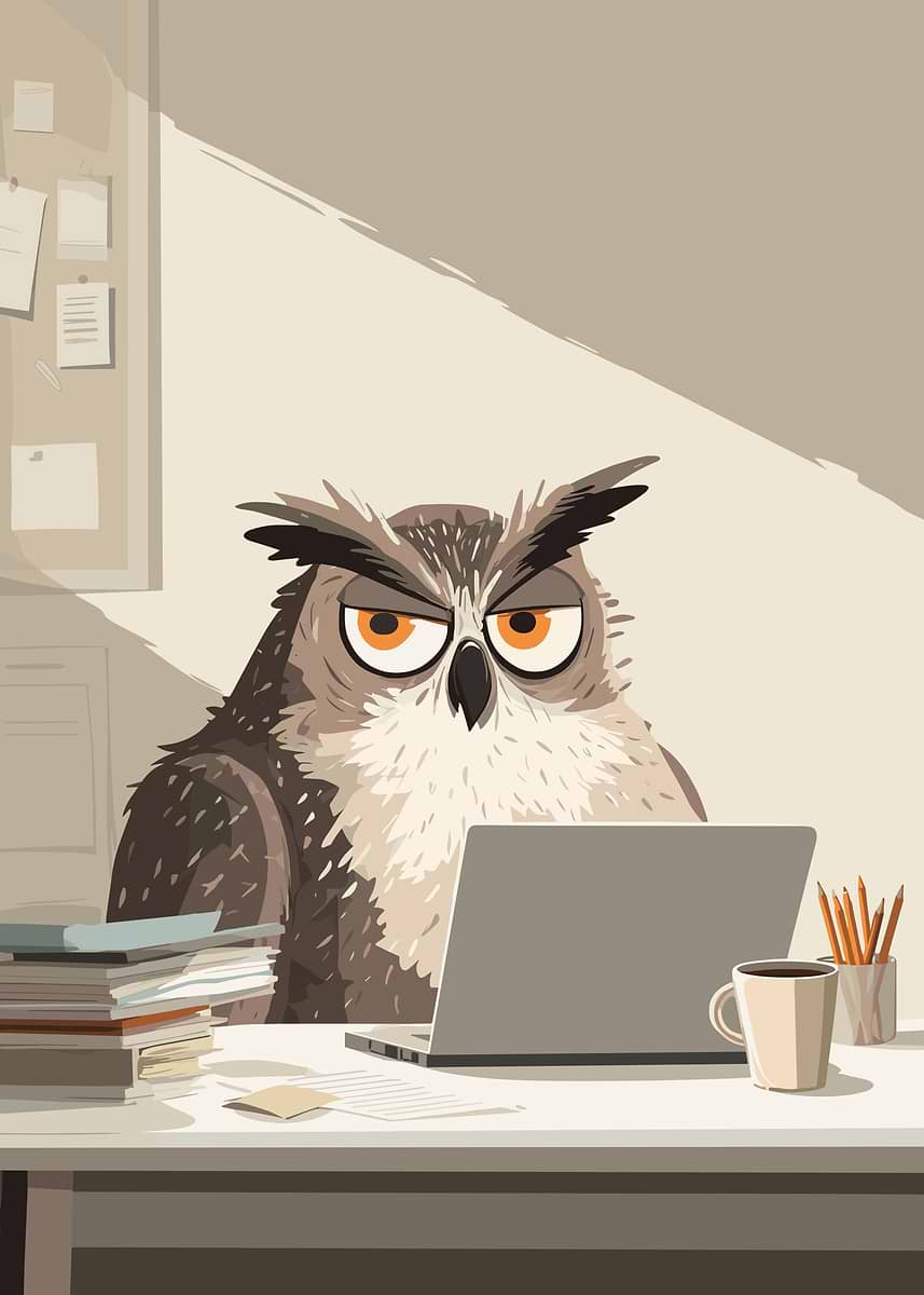 Cartoon Owl Computer 'Cartoon Owl Working on Laptop' Poster, picture, metal print, paint by ...